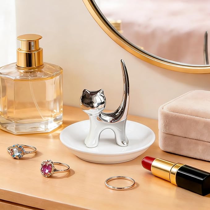 PUDDING CABIN Ring Holder Dish, Sliver Cat, Jewelry Storage for Women, Cat Lover Gifts, Christmas, Mother's Day, Birthday, Wedding, Engagement, Valentine's Day