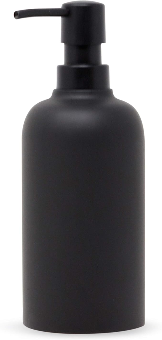 Matte Black Round Soap Dispenser for Kitchen & Bathroom – 15 oz Refillable Resin Pump Bottle for Dish Soap, Hand Soap, Shampoo, Conditioner – Modern Countertop Dispenser with Non-Slip Protective Pads