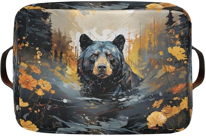 Storage Basket Black Bear in The Forest Durable Canvas Collapsible Toy Box Organizer Bin with Handles for Shelf Closet Bedroom Home Office