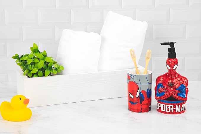 Jay Franco Marvel Spiderman Soap Dispenser - Red & Blue Superhero Kids Bathroom Accessory - Resin Lotion Pump