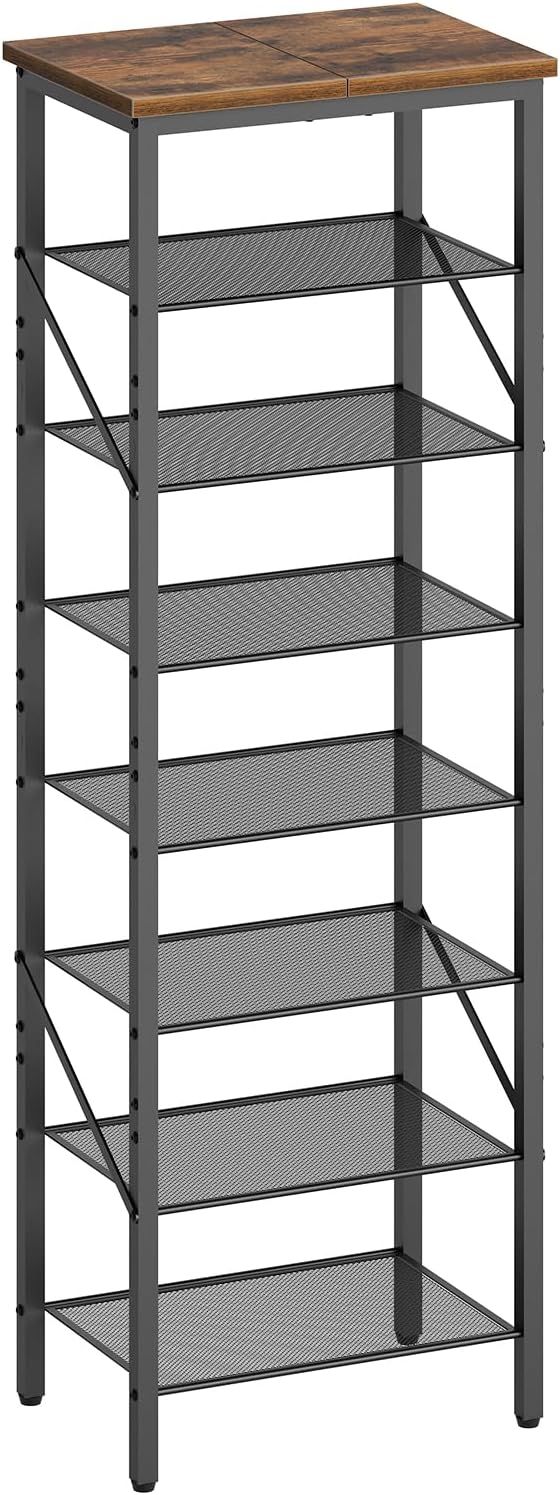 8-Tier Narrow Shoe Rack, Vertical Shoe Storage Organizer, for 8-16 Pairs, Shoe Shelf with Metal Frame, for Hallway, Entryway, Living Room, Rustic Brown and Black SRHR08401