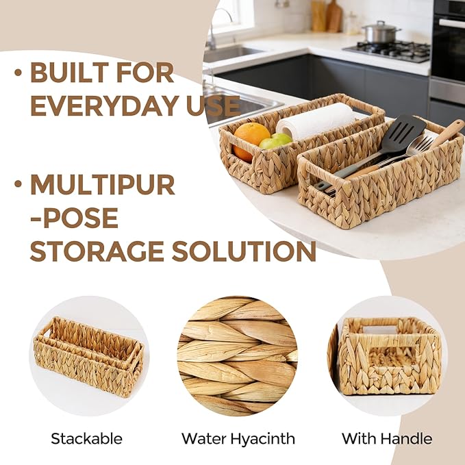 Toilet Paper Storage Basket for Bathroom, Water Hyacinth Toilet Tank Baskets Organizer, Wicker Small Basket Woven Long Narrow Baskets for Back of Toilet Both Storage&Decor, Set of 2