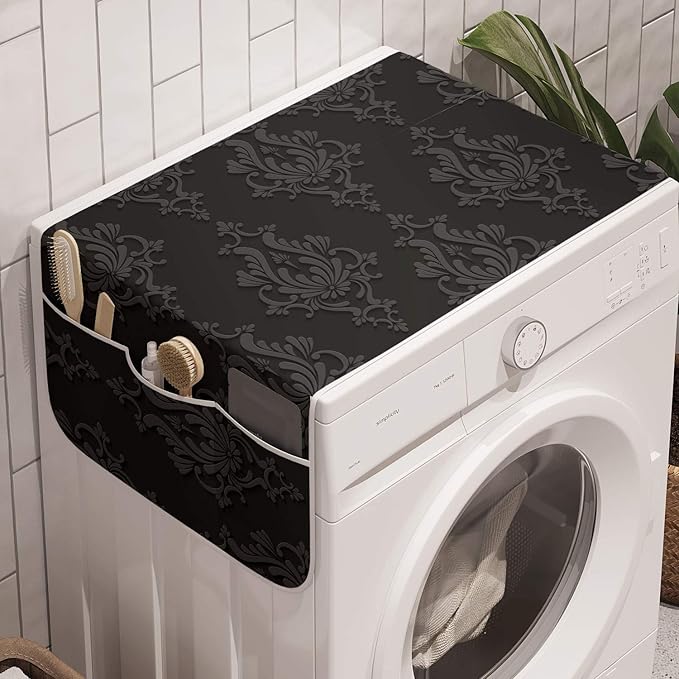 Ambesonne Dark Grey Washing Machine Organizer, Antique Damask Pattern in 3D Style Classic Old Fashioned Floral Design, Anti-Slip Fabric Cover for Washers and Dryers, 47" x 18.5", Grey and Charcoal