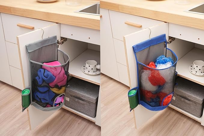 ALYER Hanging Mesh Grocery Bag Holder,Plastic Garbage Bag Dispenser Organizer with Hanger for Kitchen Cabinet Bathroom Laundry,Installation Free (Gray, 17.7" H * 10.6" W * 10" D)