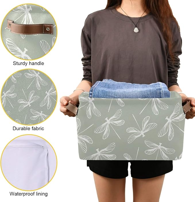 susiyo Large Foldable Storage Bin Dragonflies Fabric Storage Baskets Collapsible Decorative Baskets Organizing Basket Bin with PU Handles for Shelves Home Closet Bedroom Living Room-1Pack