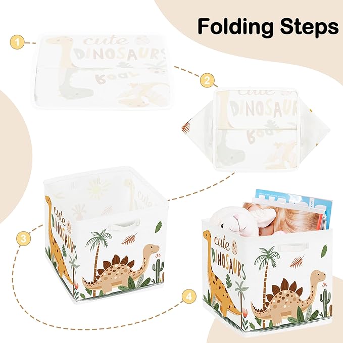 11.8" Boho Dinosaurs Cube Storage Organizer Set 3Pcs Palms Eggs Cube Storage Bin for Bathroom/Bedroom Kid Book Toy Chest, Cacti