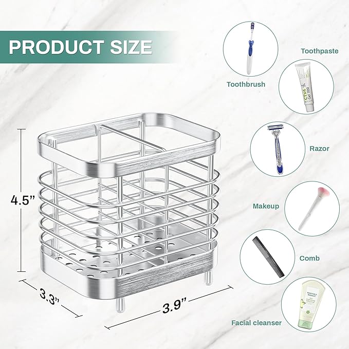 Countertop Toothbrush Holder for Bathroom, Stainless Steel Electric Tooth Brush Stand Storage Organizer with Drainage, Kids Toothpaste Holder Caddy, Silver Bathroom Sink Accessories Decor