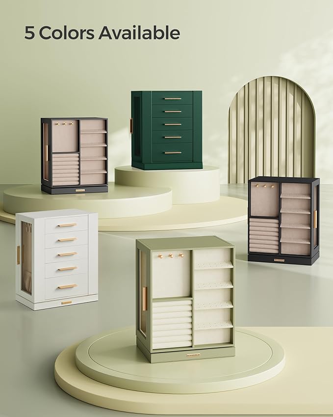 SONGMICS Jewelry Box 360° Rotating, Jewelry Storage Case with 5 Drawers, Jewelry Organizer, Glass Window, Spacious, Vertical Jewelry Storage, Open Design, Great Gift, Laurel Green UJBC170C02