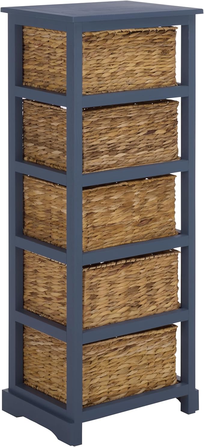 SAFAVIEH Home Collection â Vedette Blue 5-Basket Storage Tower, Natural Rattan Accent Design, Fully Assembled (AMH5739H)