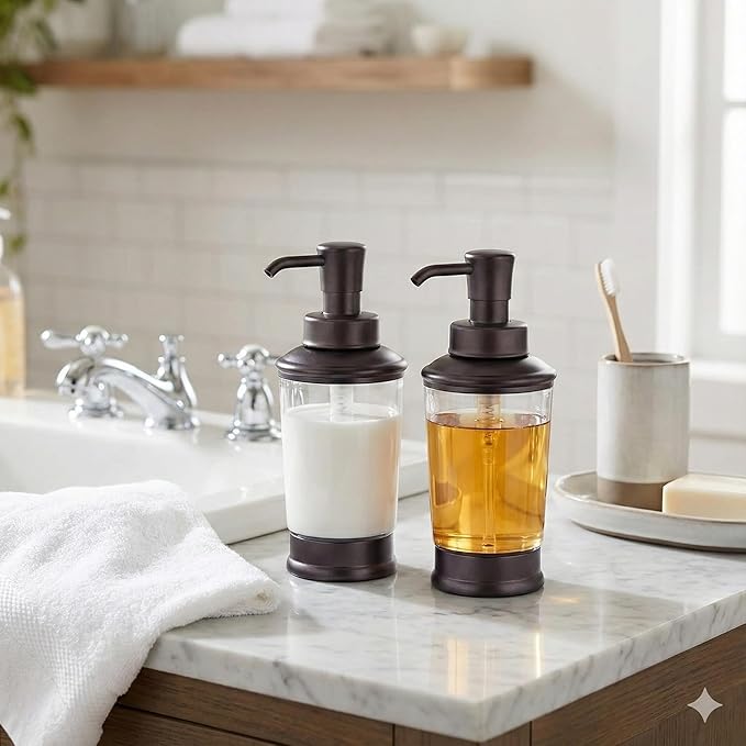 Vintage Style Soap Dispenser Bottles, 16oz Refillable Pump Bottles (2 Pack), Bronze Color with Clear Jar, Retro Bathroom or Kitchen Soap Dispenser for Lotion, Shampoo, Conditioner (Bronze-2pcs)