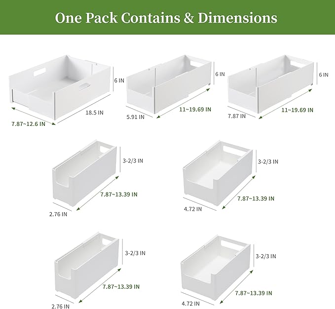 Adjustable Storage Bins for Home and Kitchen, Deep Stackable 7 Pieces Different Sizes Organizing Boxs for Cabinet Pantry Closet Refrigerator and Cupboard in White Plastic,WH-AD-White-Set-7PC