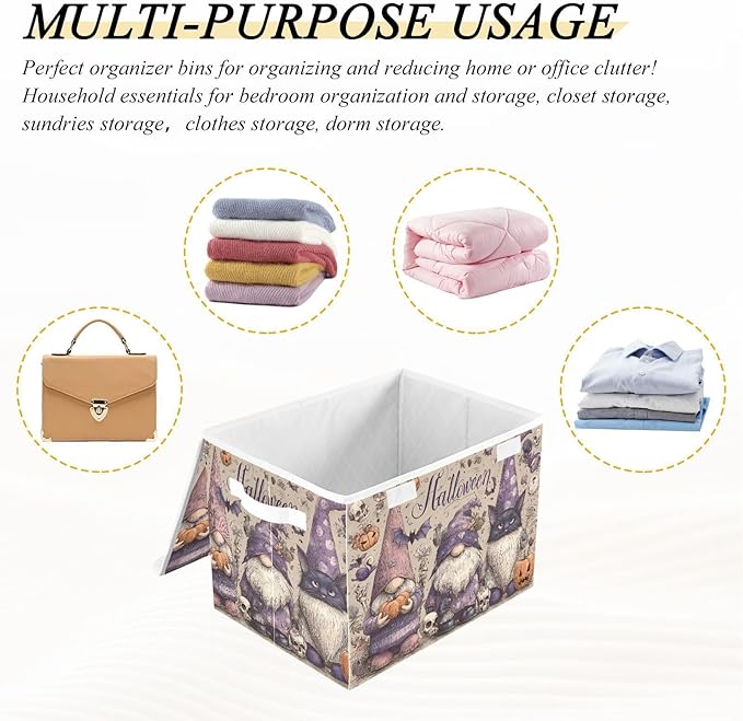 Halloween Gnomes Cat Bat Beige Collapsible Storage Bins with Lids Decorative Fabric Cubes Closet Organizer Basket Boxes Containers for Clothes Box Chest Nursery F
