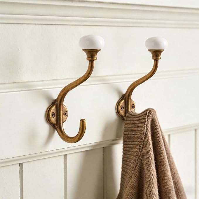 TUNNY Coat Hooks - 5 Pack Antique Brass Towel Hooks Robe Hooks Decorative Wall Hooks for Bathroom Bedroom Kitchen Towel Robe Clothes Cabinet Closet Bathroom Hardware