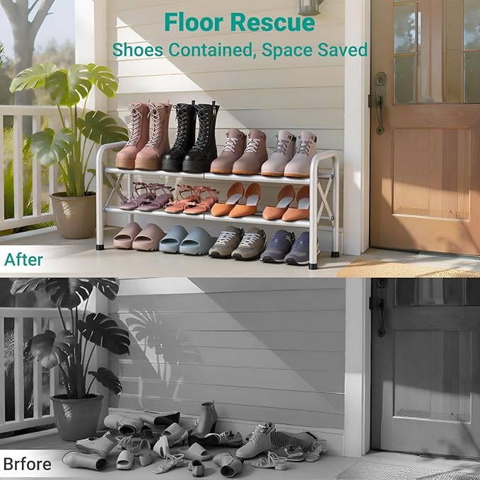 2-Tier Expandable Shoe Rack for Closet Floor, X-Frame Metal Small Shoe Rack for Entryway, Adjustable Shoe Shelf Organizer, Free Standing Shoe Racks for Front Door Entrance, Garage - White
