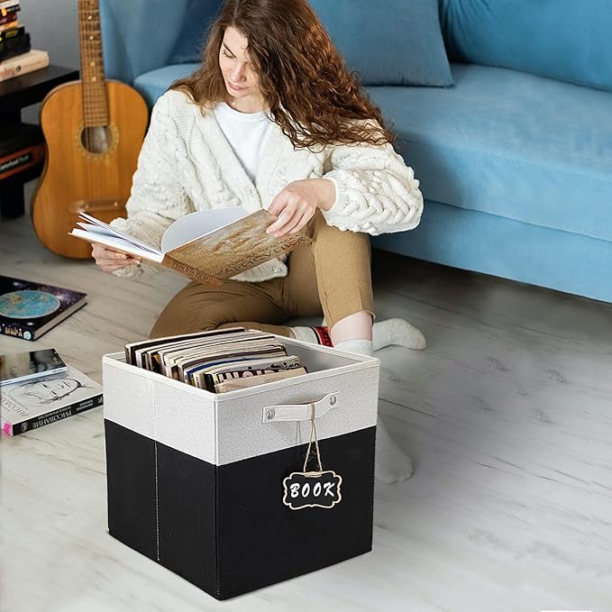 13x15x13 storage cube bins,Set of 4 Collapsible Fabric Storage Cubes with Labels,Linen Cube Storage Organizer Bins Kallax Storage Cubes for Organizing Office,Shelves,Cabinet,Clothes(White Black).