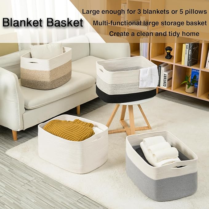 Large Blanket Basket Living Room, Rectangle Storage Basket, Large Basket for Blankets, Woven Cotton Rope Baskets for Storage Toy Dirty Clothes, 22”x17”x12”, White & Grey, 75L