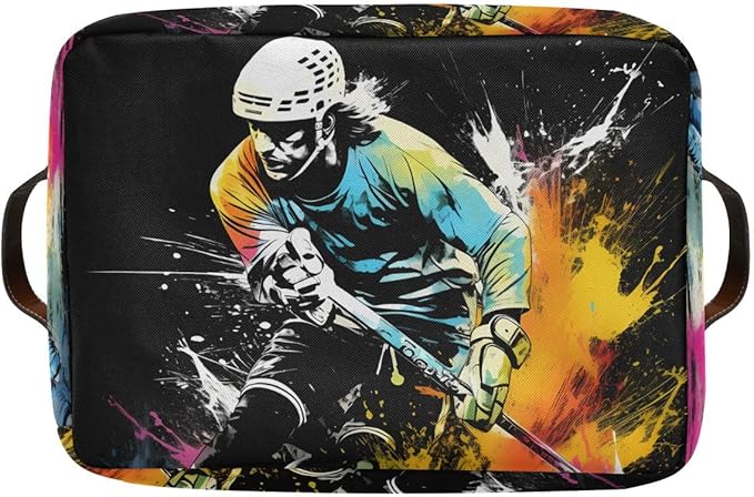 Storage Basket Abstract Running Ice Hockey Player Durable Canvas Collapsible Toy Box Organizer Bin with Handles for Shelf Closet Bedroom Home Office