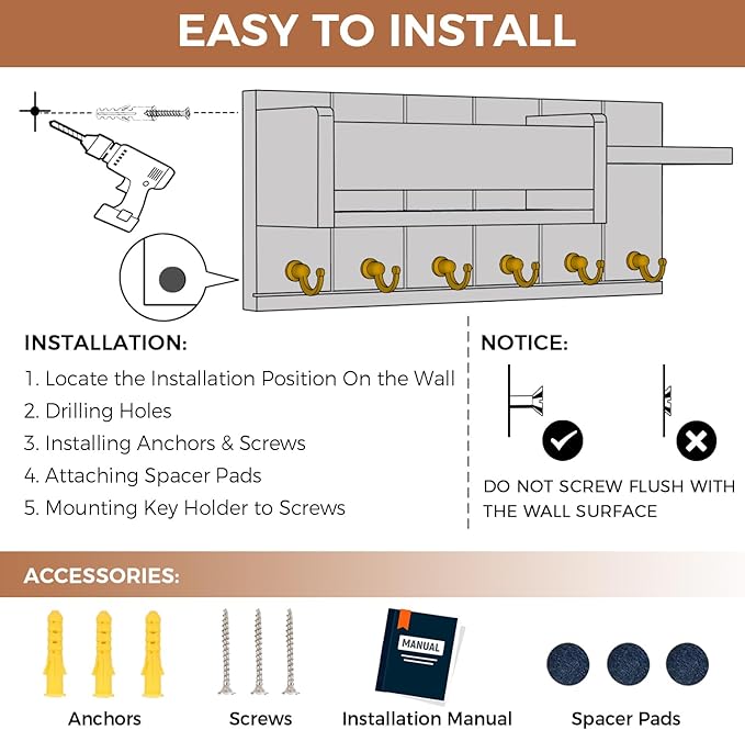 Key Holder Wall Mount - Decorative Key Rack and Mail Organizer with 6 Key Hooks - Wooden Key Hanger with Shelf for Living Room Decor - Rustic Farmhouse Home Entryway Aesthetic Essentials