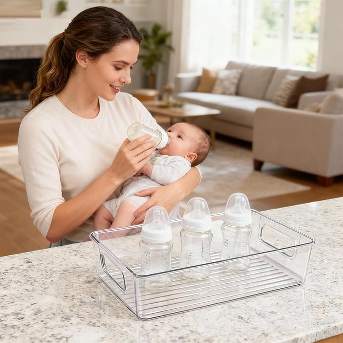 2Pack Clear Baby Bottle Organizer Portable Baby Bottle Storage Container for Cabinet,Drawer,Counter,Kitchen,Refrigerator-Portable Nursery Storage Plastic Baby Organizer