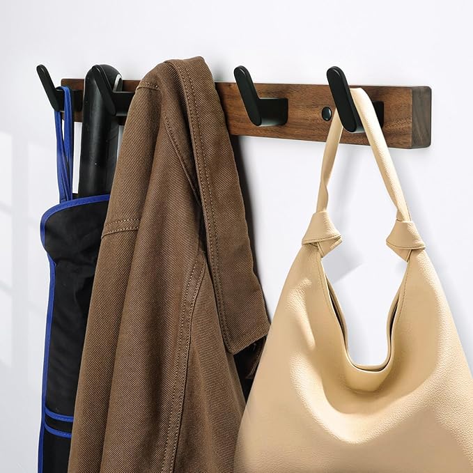 Coat Hooks Wall Mount, 16.5" Wall Mounted Coat Rack with 5 Aluminum Hooks for Hanging Backpacks, Hats, Dog Leashes, Towels, Keys, Walnut Wood Wall Hooks for Entryway, Bathroom, Bedroom