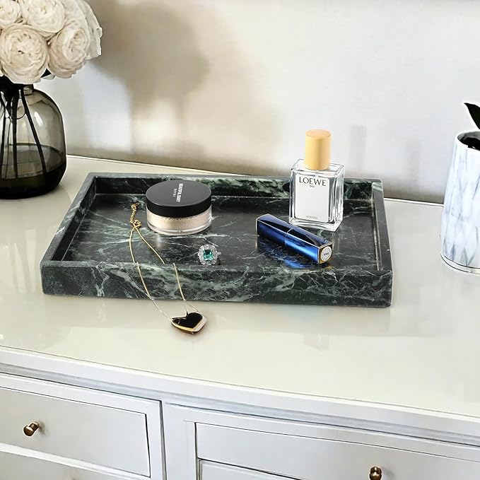 Koville Natural Marble Tray, 12x8â Coffee Table Vanity/Decorative Tray for Jewerly, Watch, Perfume Candle Storage for Bedroom/Bathroom/Kitchen Countertop(Indian Green Marble)