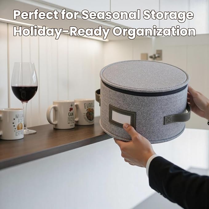 HOMELUX THEORY Plate Storage Box, 4pc Light Gray Hard Shell China Storage Containers with 48 Felt Pads, Kitchen Storage Bins With Lids, Moving Box with Handles for Dishes, Dinner Plate & Platter