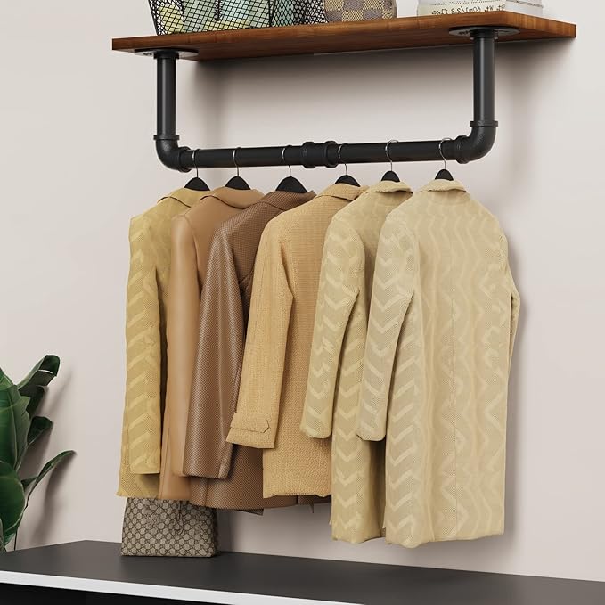 Wall Mounted Clothes Rack 31.5in, Industrial Pipe Wall Mount Clothing Rack, Heavy Duty Iron Garment Racks, Space Saver Multi-purpose Hanging Rod for Laundry Room, Closet Storage, 2 Packs