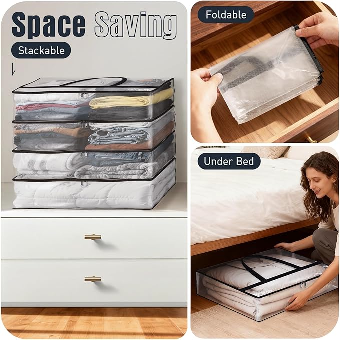 Clear Under Bed Storage Containers - 6 Pack Large Capacity Clothes Storage Bags with Lid & Sturdy Handles, Foldable Moving Bags, Clothing Organizer Totes for Bedding, Comforter, Sheet(90 L)