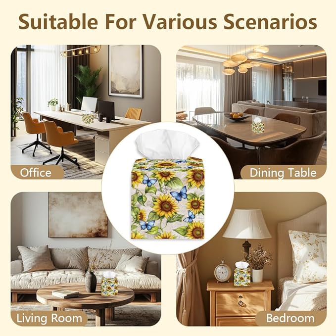 Sunflowers Tissue Box Holder, Butterflies Square Tissue Box Cover Foldable Tissue Storage Box Waterproof Paper Towel Case Container Organizer Tissue Box Holder for Bathroom Car Nightstand