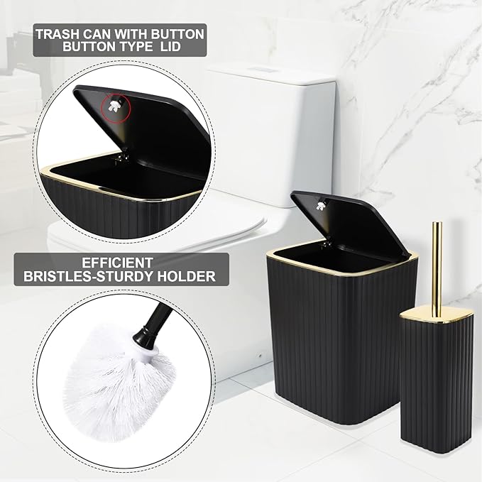 Bathroom Accessories Set - Gorgeous Black Bathroom Set, 10PC Bathroom Accessory Set, Toilet Brush, Trash Can, Qtip Holder & Soap Dispenser