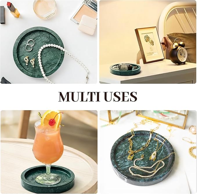 Natural Marble Tray, Round Green Tray for Bedroom/Bathroom/Kitchen/Vanity Countertop, Jewelry Tray for Rings Earrings Necklace Bracelet Watch, Room Decor Aesthetic