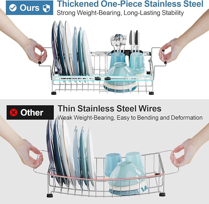 GSlife Expandable Over The Sink Dish Drying Rack - Stainless Steel Heavy Duty Dish Drainer with Square Corners, Rust Resistant with Lock Knob, Fit for Modern Single & Double Sinks, Black