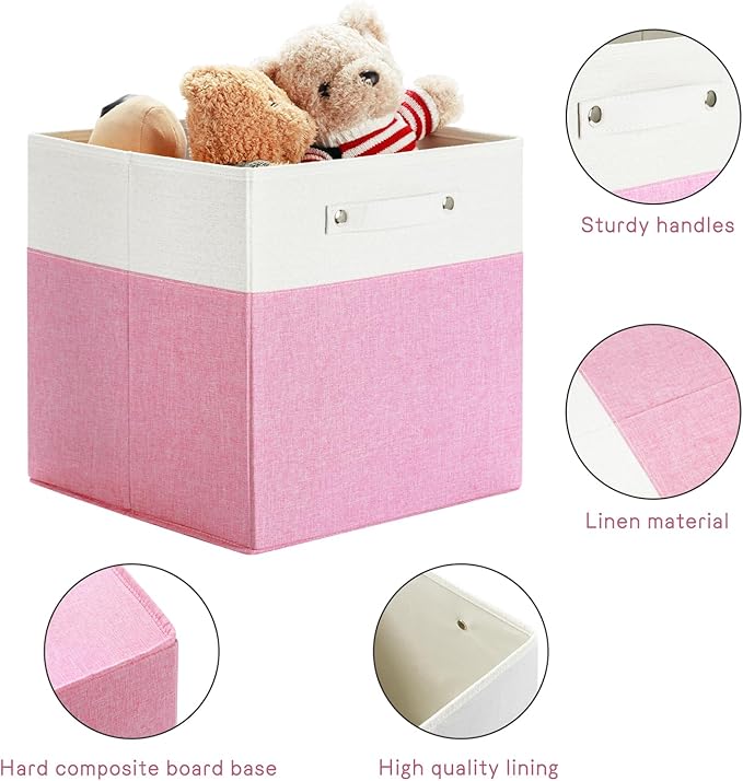 13 x 13 Inch Fine Linen Storage Bins with Handles,Fabric Cube Boxs,Basket Organizers for Shelves for Home, Closet Drawers (White/Pink-4 Pack)