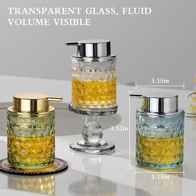 Hand Soap Dispenser Glass, Refillable Liquid Dispenser for Bathroom & Kitchen,Lotion Dispenser with Large Gold Pump๏ผDiamond Pattern-Pink๏ผ