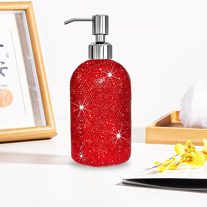 SlowVibes 18Oz Bling Red Soap Dispenser with Rust Proof Stainless Steel Pump,Refillable Liquid Hand Wash Bottle for Bathroom Kitchen,Sparkle Decorative Shower Dispenser,Rhinestone Lotion Dispenser