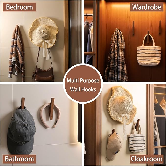 FitraNovay4PcSolid Color Walnut Wall Hooks - Hat and Jacket Hooks for Hanging Hats, Jackets, Backpacks, Towels. A Rustic Style Hook Suitable for Use in Entrances, Bathrooms, Kitchens (Walnut Color)