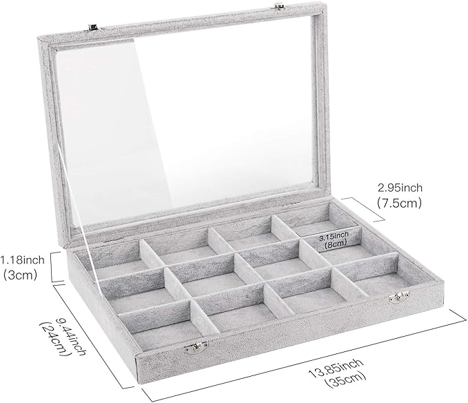Emibele Jewelry Organizer Bracelet Storage Tray Box, 12 Grids Jewelry Tray with Clear Lid Velvet Jewelry Box for Necklace Bracelets Bangles Display Storage Organizer Box, Grey