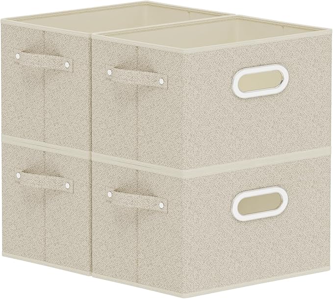 Open Storage Baskets, Collapsible Cube Bins, Fabric Container Organizer with Metal Handles, Boxes for Shelves, Closet, Living Room, 10.2x7.9x6.7in, Grey and Beige, 4 Pack