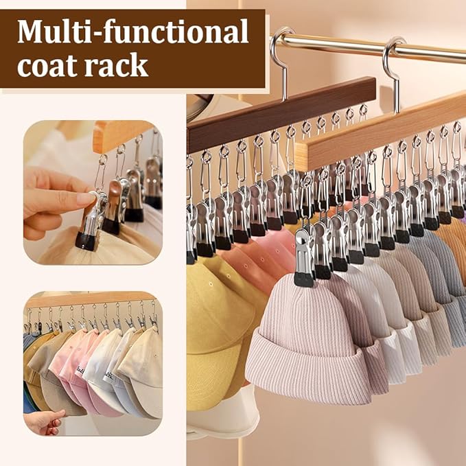 Closet Organizer with 10 Clips, Space Saving Hanging Closet Organizer, Space-Saving Hat Scarf Clothespins for Jeans Skirts Socks Pant Hangers with Clips (Wood-10 Clips, 1PC)