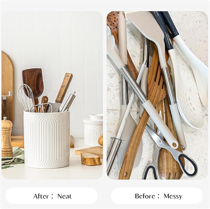 INSETLAN Ceramic Utensil Holder Set – 7.1" & 5.4" Kitchen Utensil Organizers for Countertop, Arch-Design Utensil Crocks for Farmhouse Decor & Kitchen Counter, Perfect Housewarming Gift