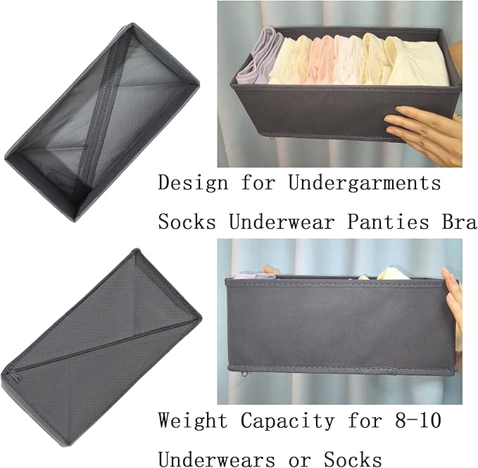 Sock Drawer Organizer 6 Pack - Collapsible Fabric Storage Bins for Underwear Divider, Small Closet Organizers with 6 Compartments, Gray