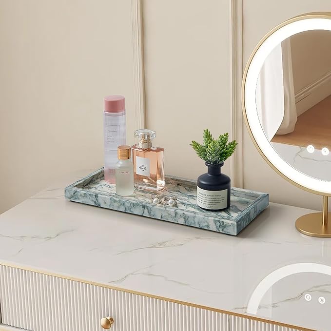 Natural Small Marble Vanity Tray, Luxury Stone Organizer for Bathroom & Kitchen | Holds Soap Dispenser, Jewelry, Perfume | Non-Resin, Non-Ceramic Décor (Cyan-Green, M (11.8" x 5.1" x 0.78"))