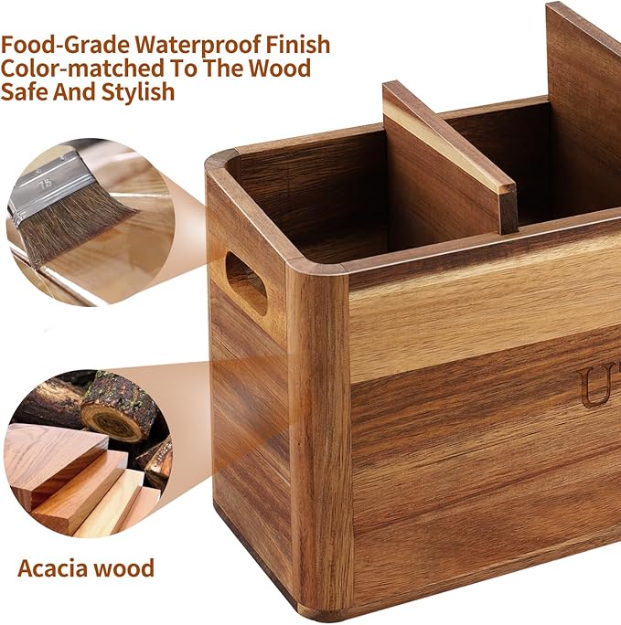 Acacia Wood Utensil Holder for Kitchen Counter, 4 Compartment Farmhouse Heavy-Duty Flatware Caddy & Silverware Organizer - Large Kitchen Decor for Spoons, Forks, Parties, Coffee Bar & RV