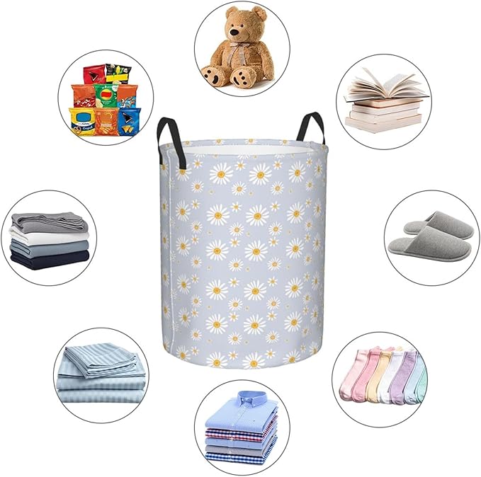 Daisy Flowers Round Laundry Hamper Storage Basket Toys Clothes Organizer Bin For Home Bathroom Bedroom Dorm Nursery, 38l