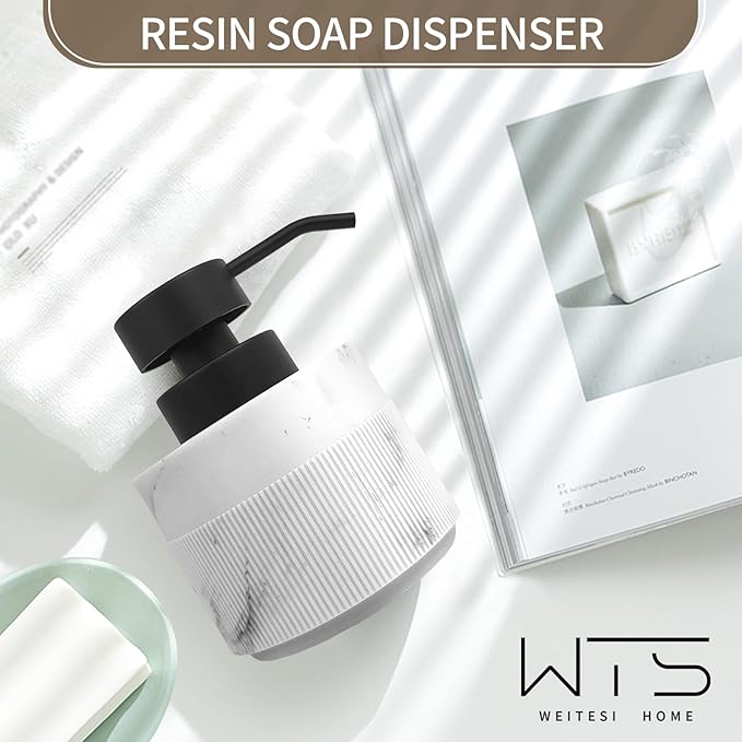 2pcs/Set 12.5oz Marble White Hand Soap Dispenser Sets, Resin Liquid Soap Dispenser with Rust Proof Pump for Bathroom Countertop, Kitchen Refillable Liquid Bottle for Lotion, Body Wash