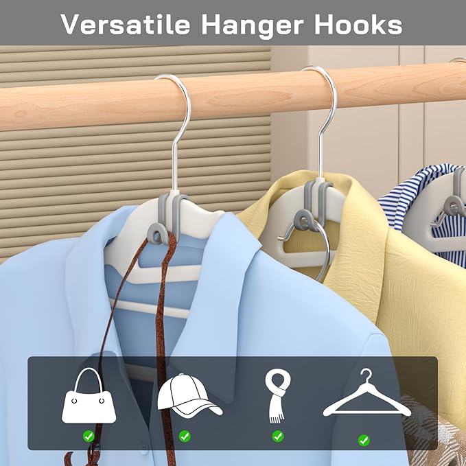 Tinfol Gray 60pc Hanger Connector Hooks and 20pc Hanger Clips, Stackable Space Saving Hook - Hangers Finger Clips, Hangers Organizer Accessories for Closet Organizers