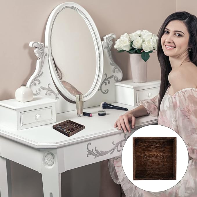 DOITOOL Wooden Jewelry Tray Solid Wood Vanity Organizer Small Retro Jewelry Holder Tray for Desktop Storage and Decorative Use