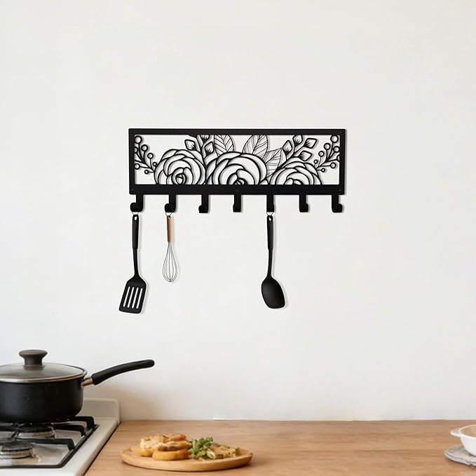 Black Metal Flower Wall Mount Rack with 7 Hooks, Decorative Wall Hanger for Coats, Jackets, Hats, Bags, Keys, Metal Wall Organizer for Bedroom, Bathroom, Kitchen, Living Room, Office, Home