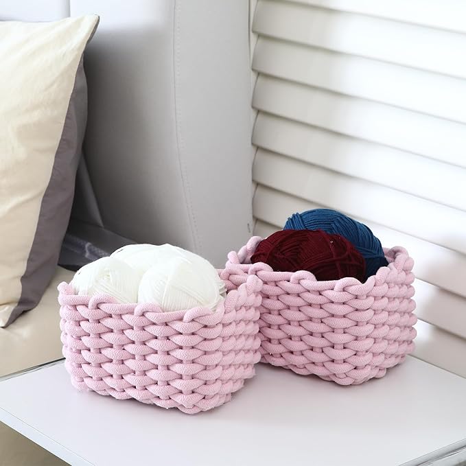 Sea Team 3-Pack Rectangle Woven Cotton Rope Storage Baskets with Handles, Shelf Basket, Closet Organizers, 3-in-1, Pink