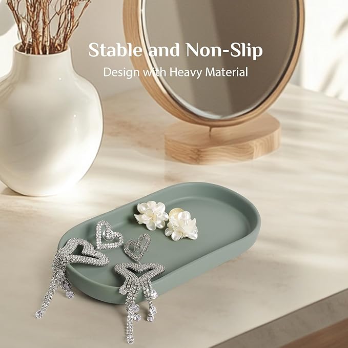 Ceramic Jewelry Tray â Oval Vanity Dish for Rings, Earrings, Bracelets â Minimalist Decorative Trinket Holder for Dresser, Bathroom, Nightstand â Matte Green